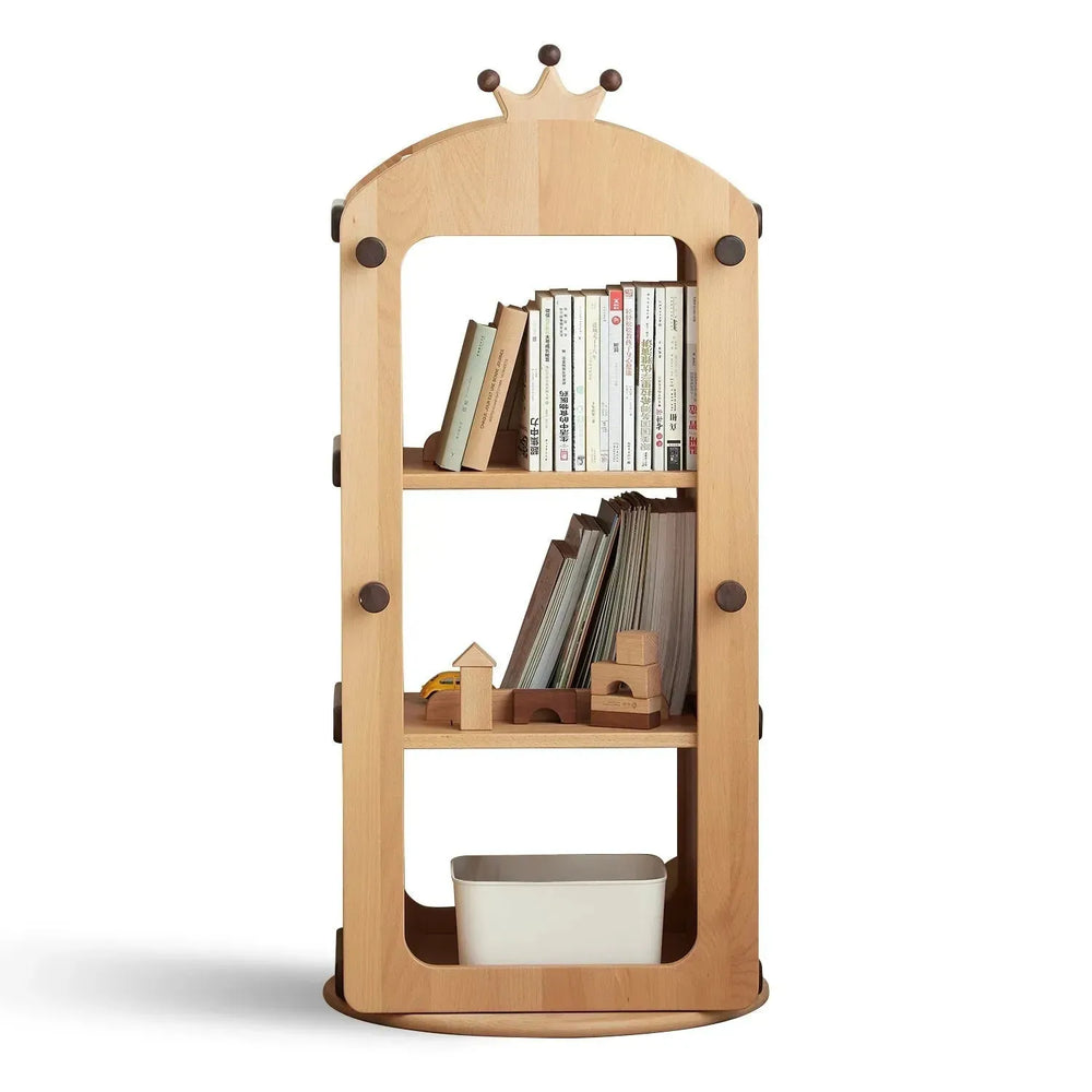 Scandinavian wood kids revolving bookshelf crown in white background.