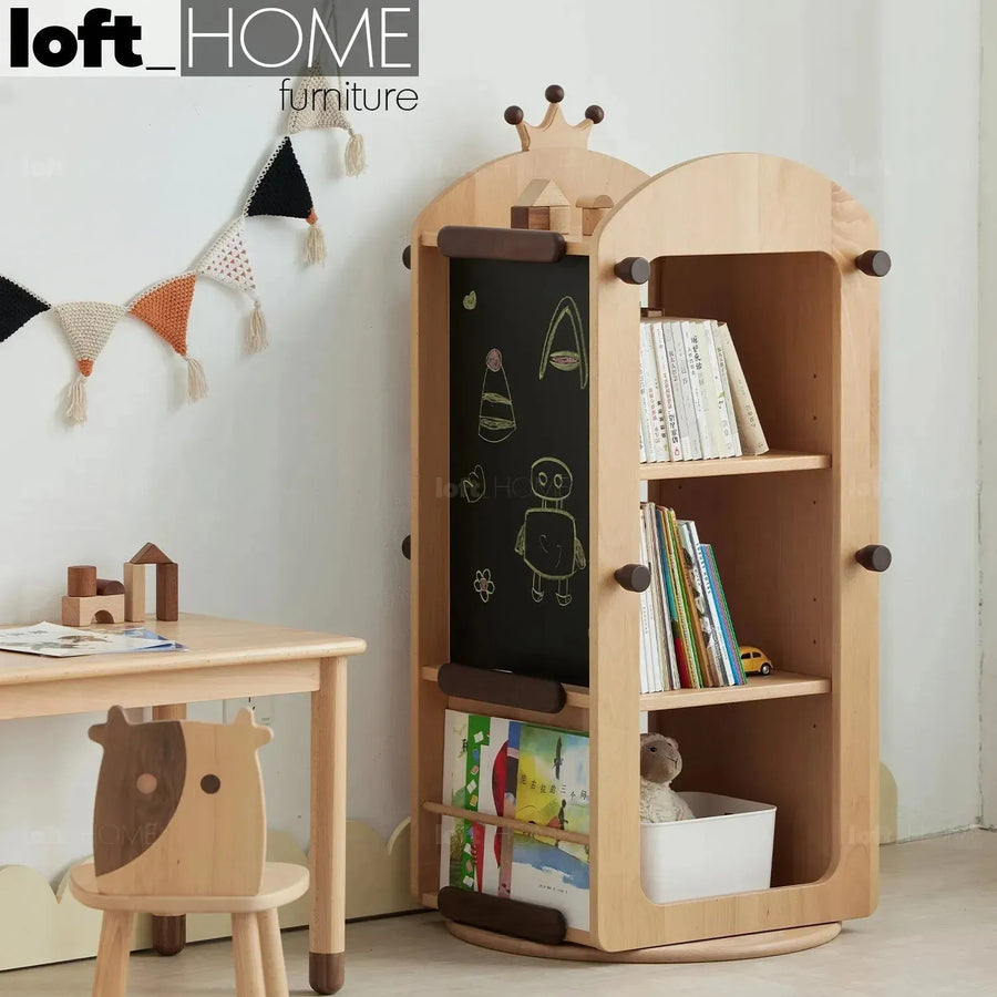 Scandinavian wood kids revolving bookshelf crown primary product view.