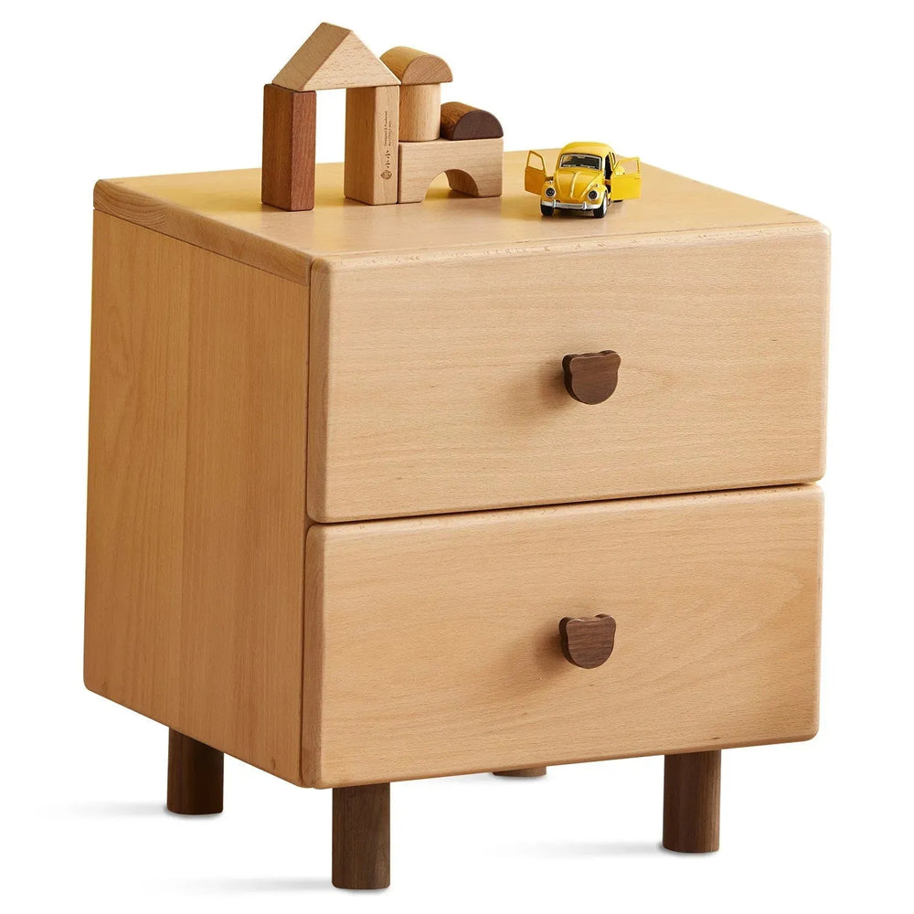 Scandinavian wood kids side table bear in white background.