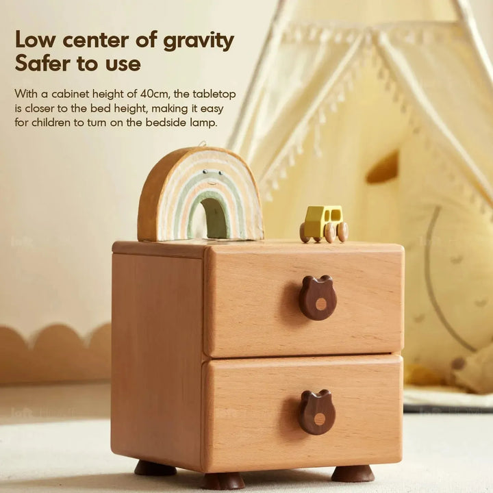 Scandinavian wood kids side table teddy in still life.