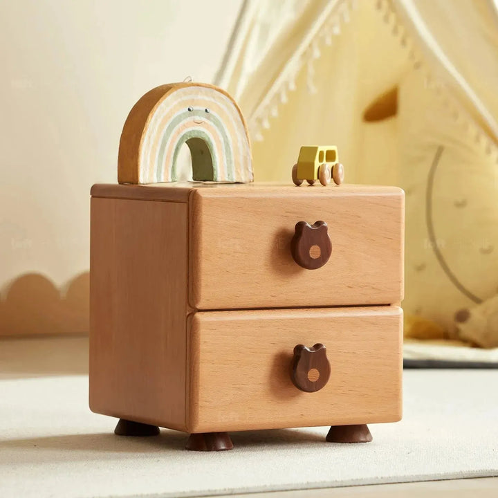 Scandinavian wood kids side table teddy in close up details.