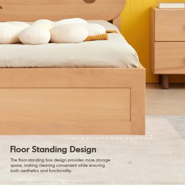 Scandinavian wood kids storage bed bear in close up details.