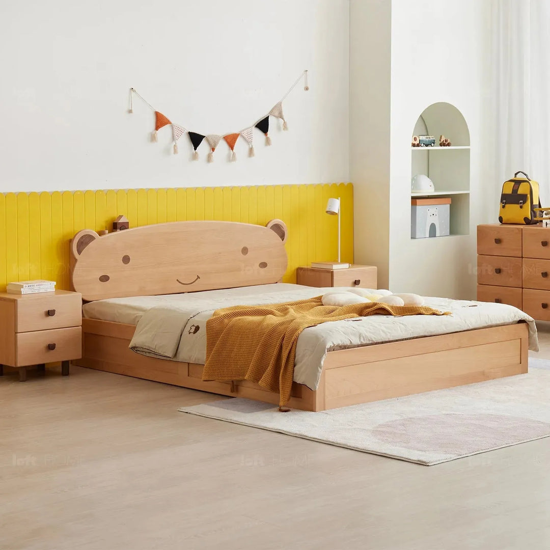 Scandinavian wood kids storage bed bear color swatches.