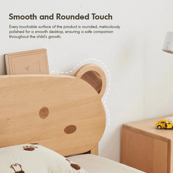 Scandinavian wood kids storage bed bear in panoramic view.