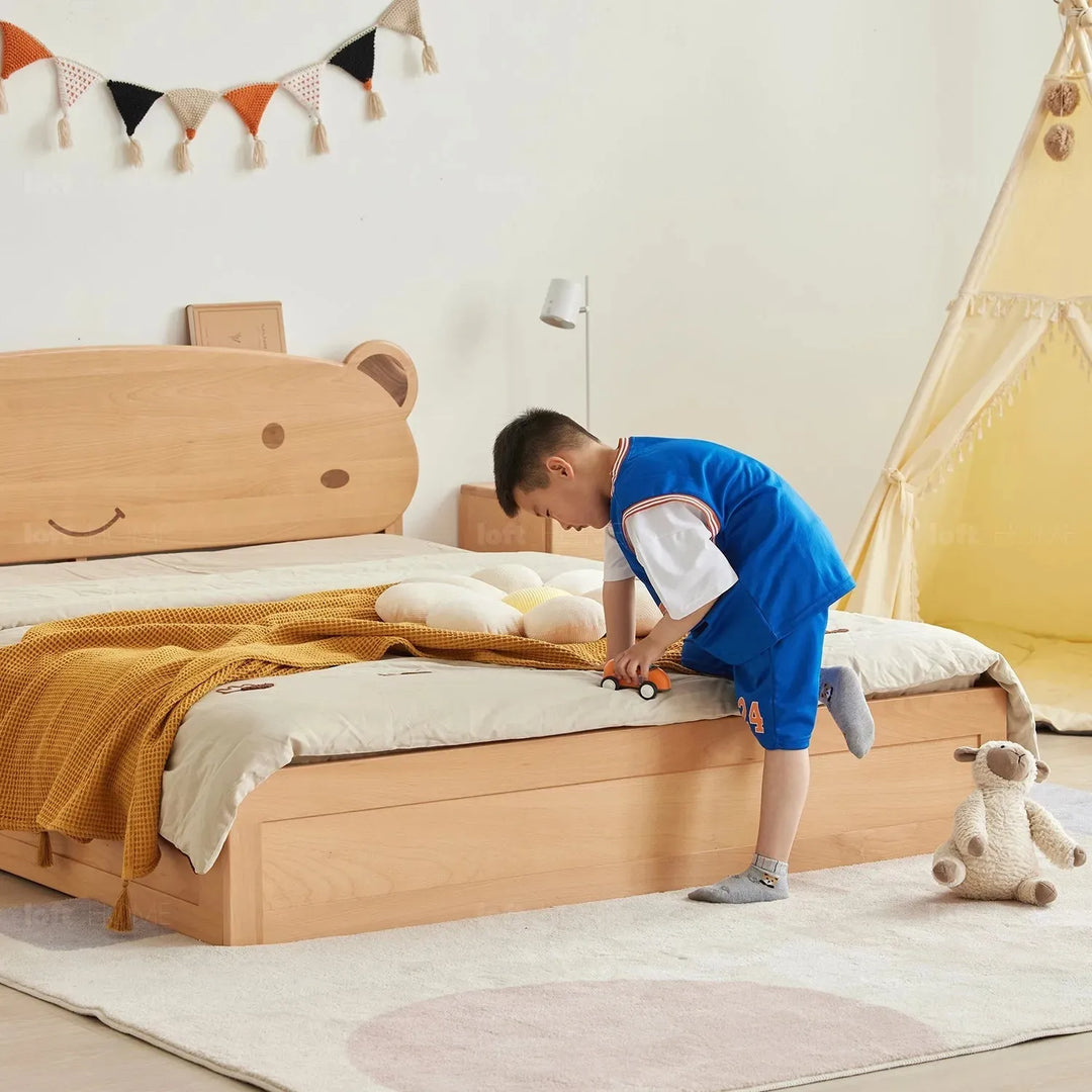 Scandinavian wood kids storage bed bear with context.