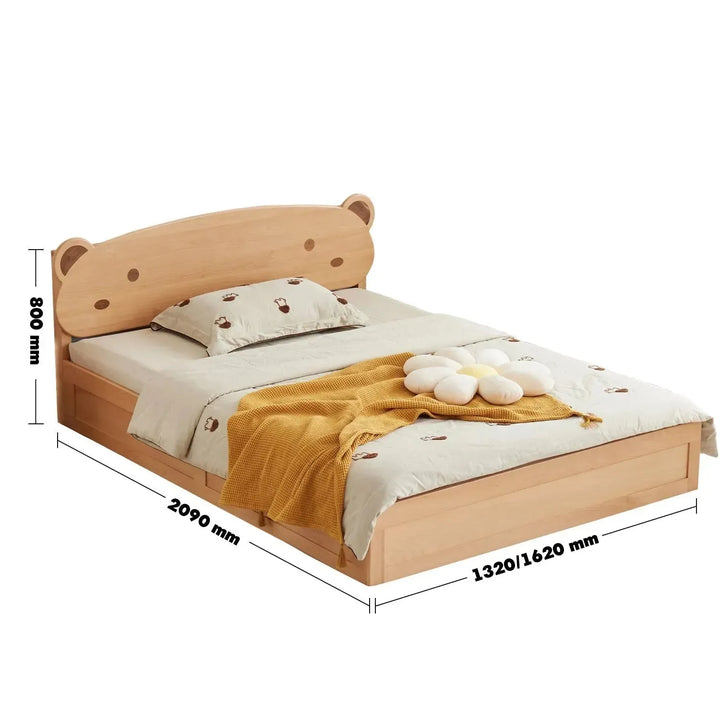 Scandinavian wood kids storage bed bear size charts.