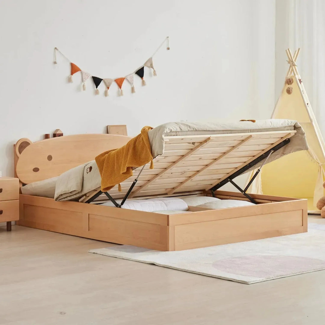 Scandinavian wood kids storage bed bear in details.