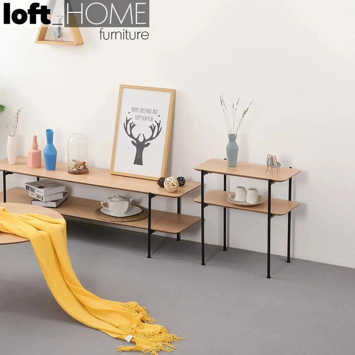 Industrial wood side table carlos in real life style.
