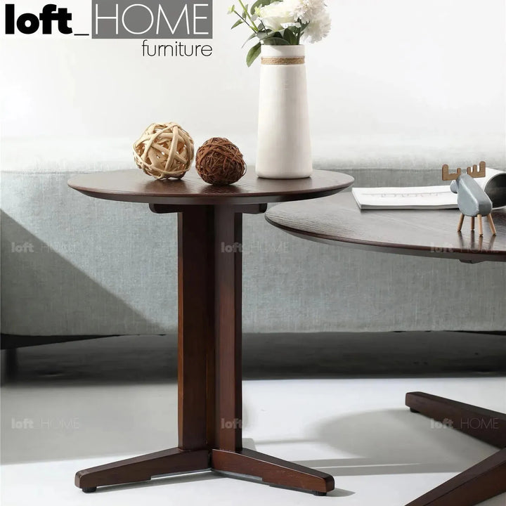Modern wood side table nick in panoramic view.