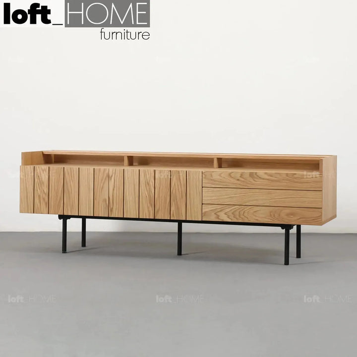 Modern wood tv console lumi in still life.