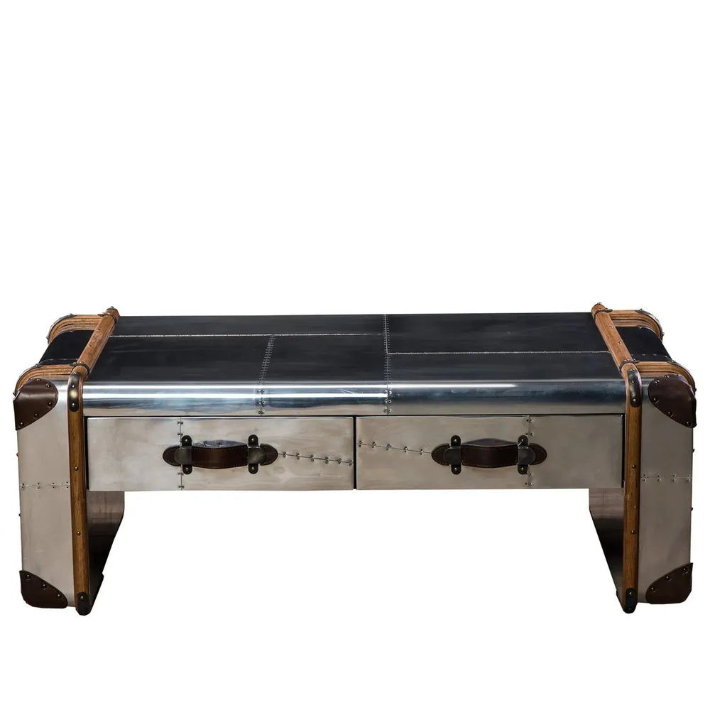 Industrial aluminium coffee table turbojet in white background.