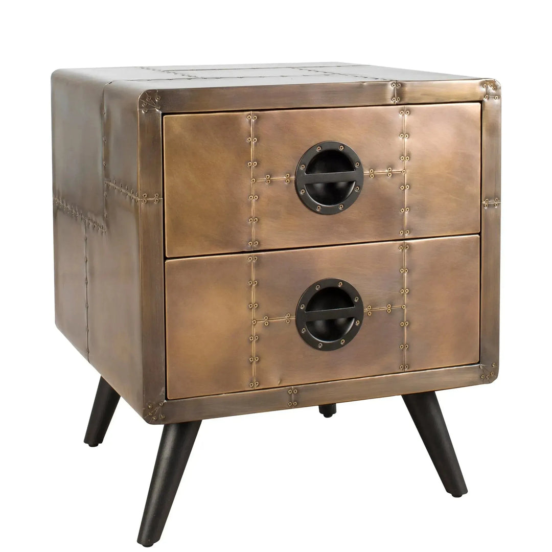 Industrial aluminium side table jetbrass material variants.