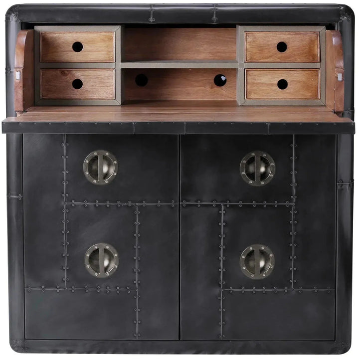 Industrial aluminium storage cabinet and study desk jetbrass in panoramic view.