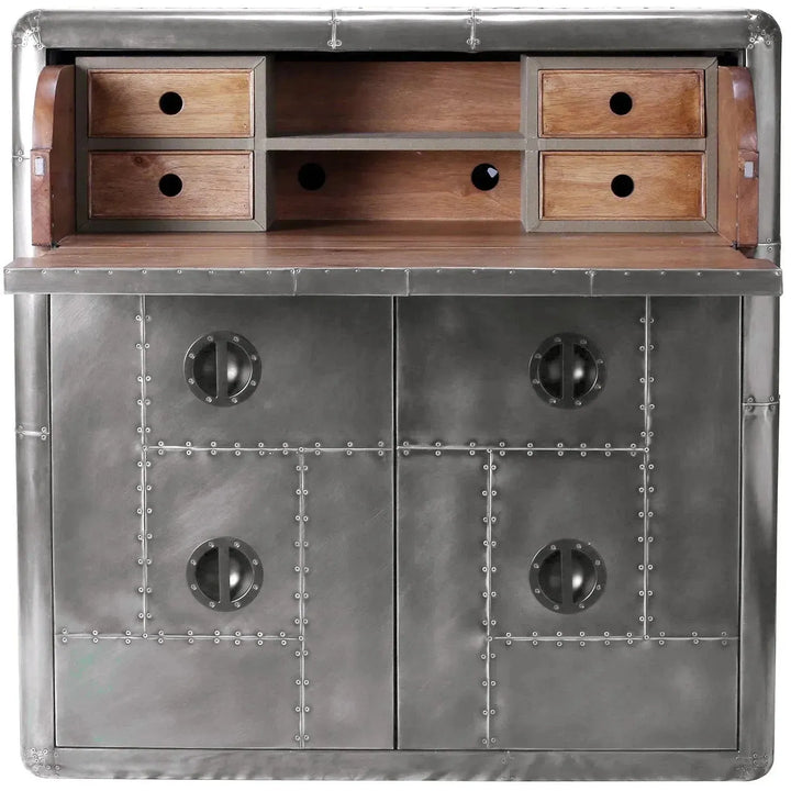 Industrial aluminium storage cabinet and study desk jetbrass in close up details.