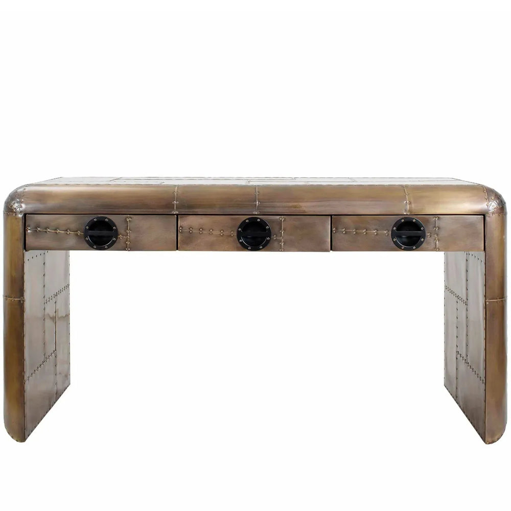 Industrial aluminium study table aircraft brass in white background.