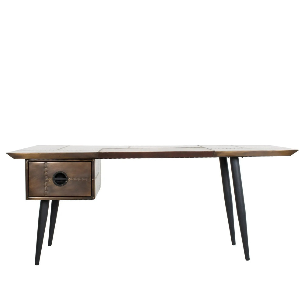 Industrial aluminium study table jetbrass in white background.