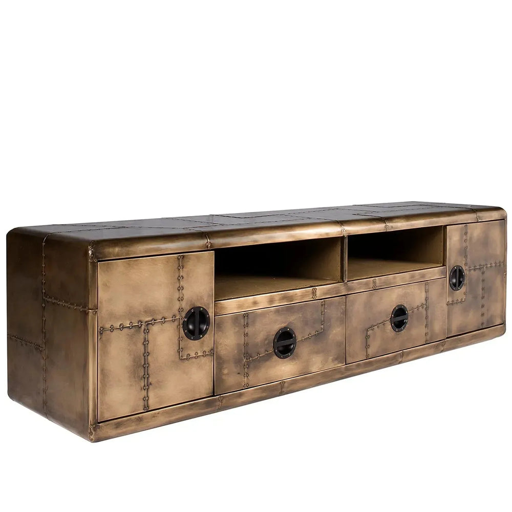 Industrial aluminium tv console gareth in white background.