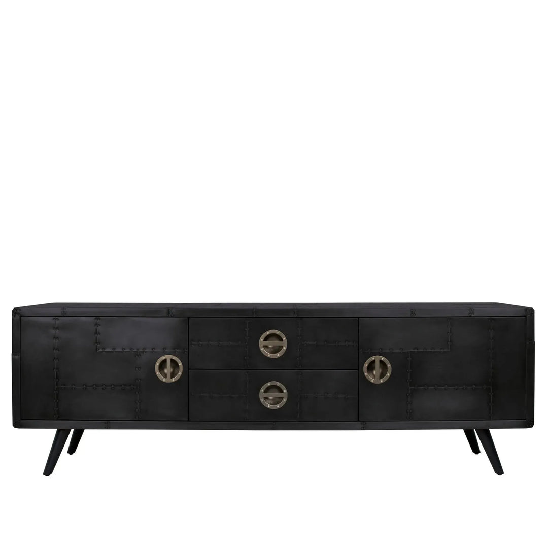 Industrial aluminium tv console jetbrass in close up details.