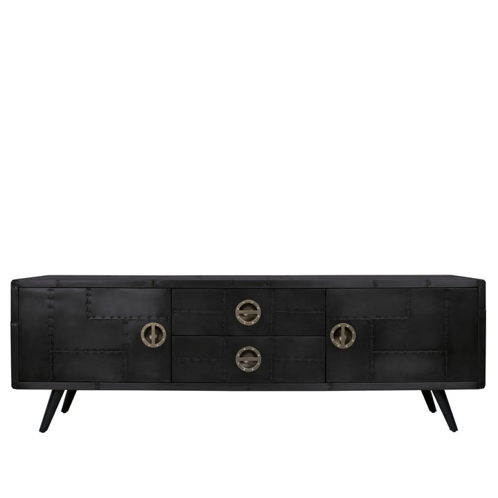 Industrial aluminium tv console jetbrass in close up details.