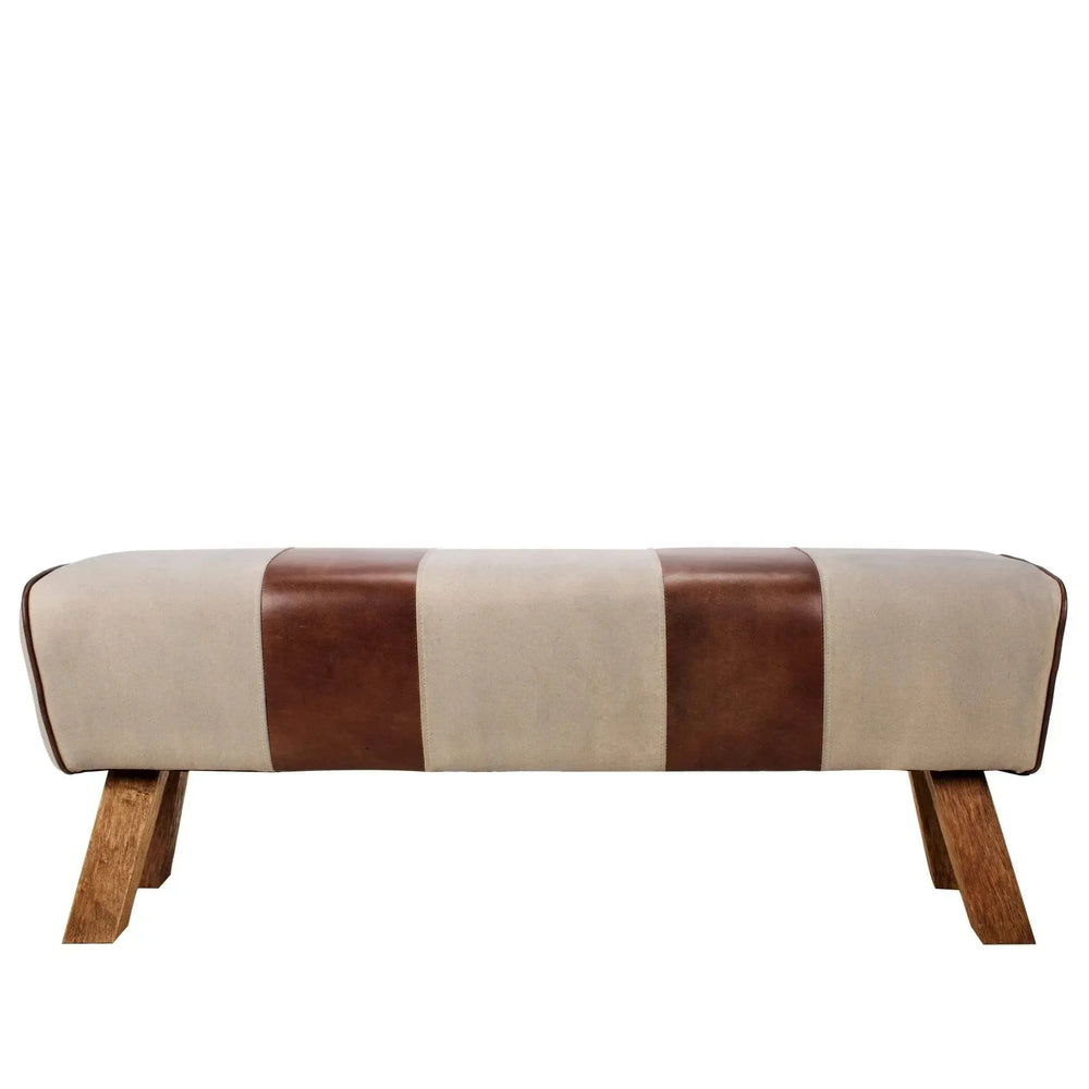Vintage canvas and genuine leather bench beige in white background.