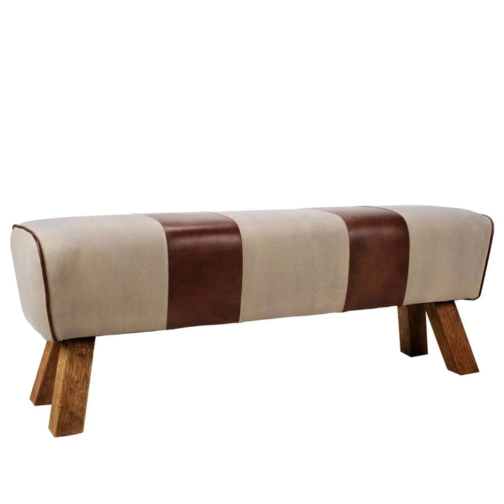 Vintage canvas and genuine leather bench beige color swatches.