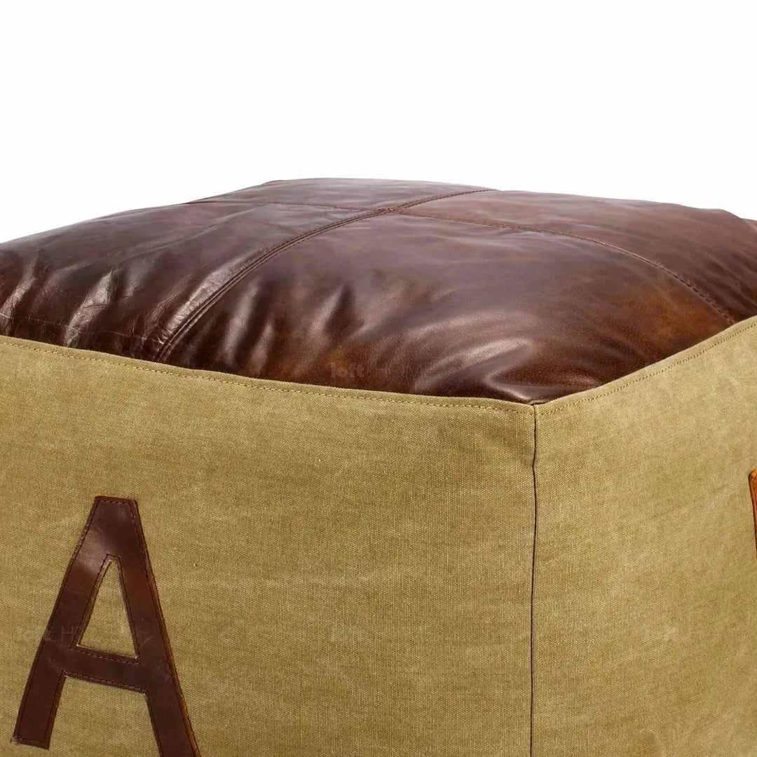 Vintage canvas ottoman alphabet in close up details.