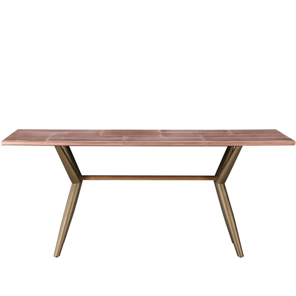 Industrial copper dining table lucien rose in white background.
