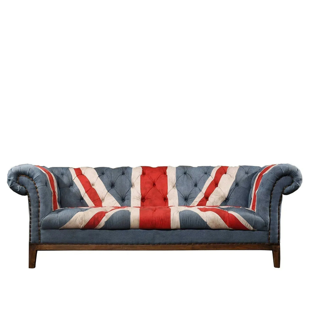 Vintage fabric chesterfield 3 seater sofa union jack in white background.