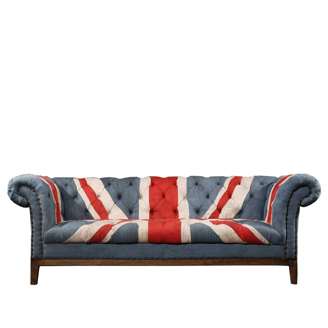Vintage fabric chesterfield 3 seater sofa union jack in white background.