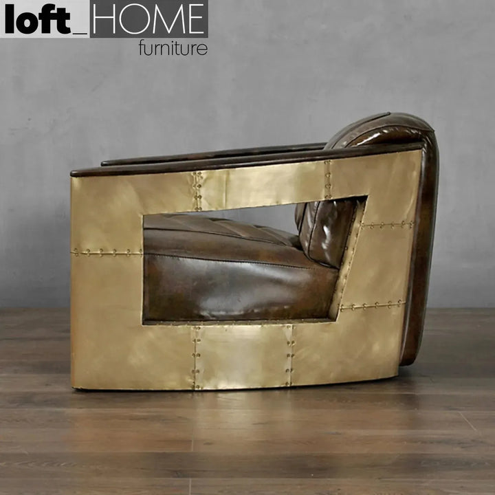 Industrial genuine leather 1 seater sofa aircraft in close up details.