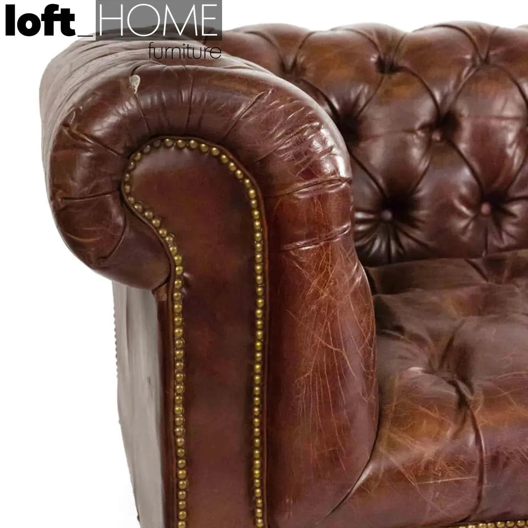 Vintage genuine leather 1 seater sofa chesterfield button environmental situation.