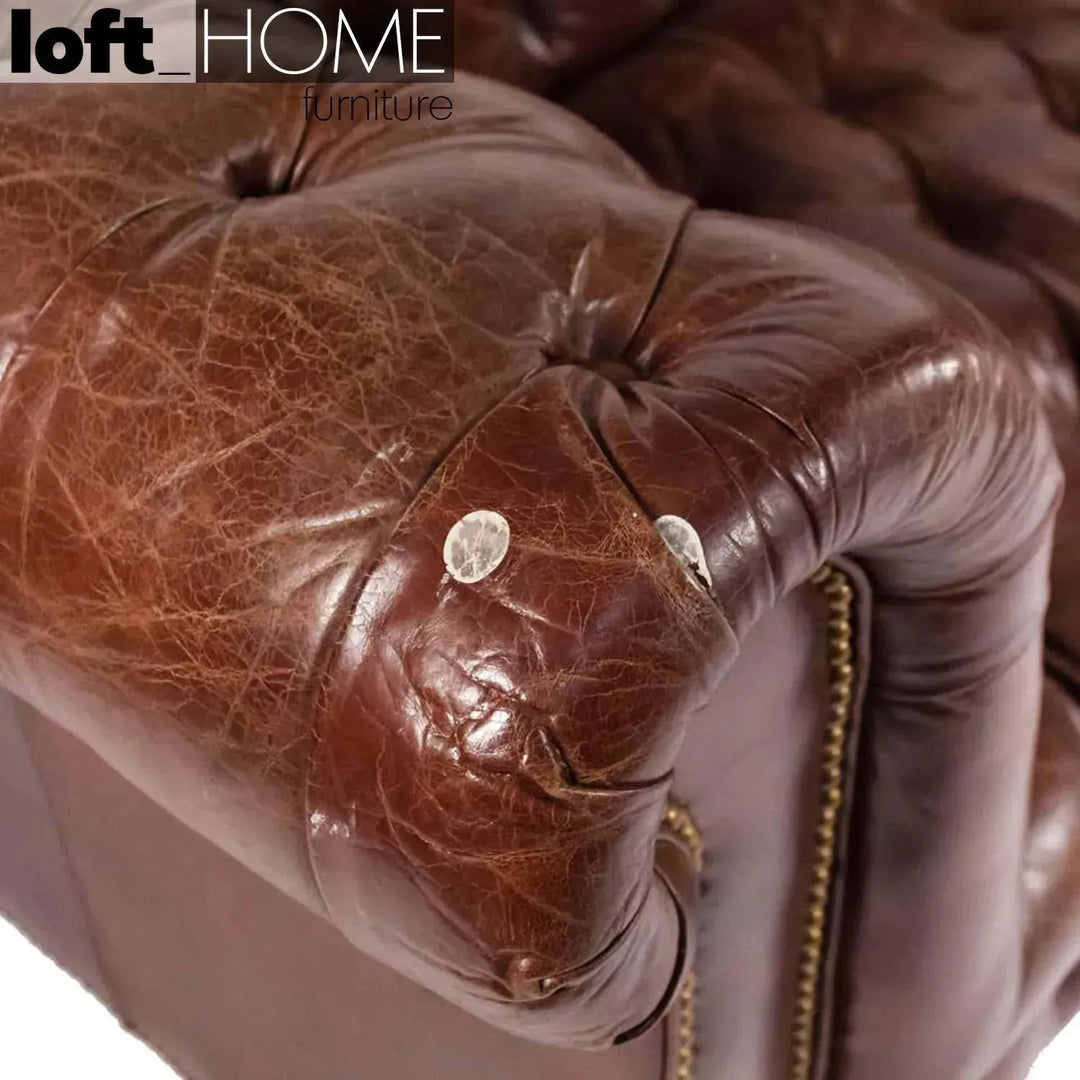 Vintage genuine leather 1 seater sofa chesterfield button conceptual design.