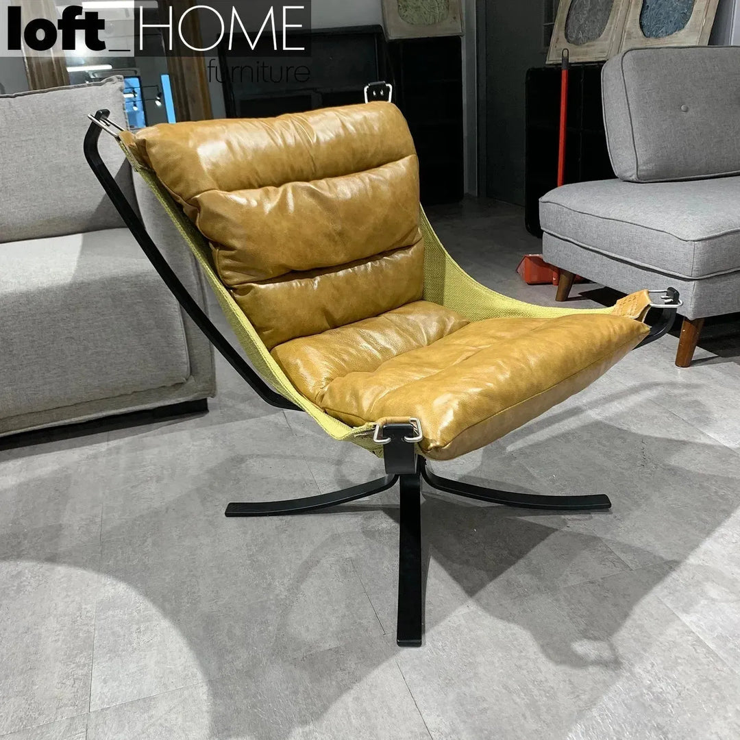 Industrial genuine leather 1 seater sofa hopper with context.
