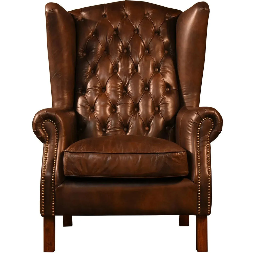 Vintage genuine leather 1 seater sofa wing l in white background.
