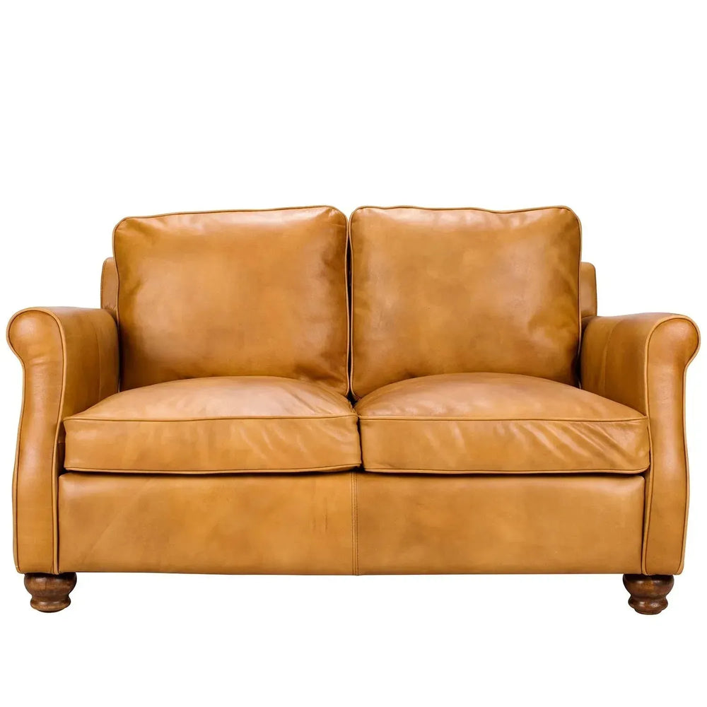 Vintage genuine leather 2 seater sofa barclay in white background.