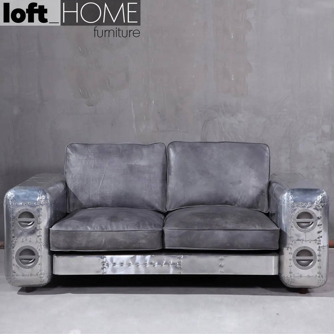 Industrial genuine leather 2 seater sofa silver aircraft in details.