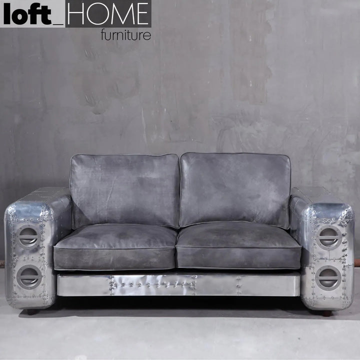 Industrial genuine leather 2 seater sofa silver aircraft in details.