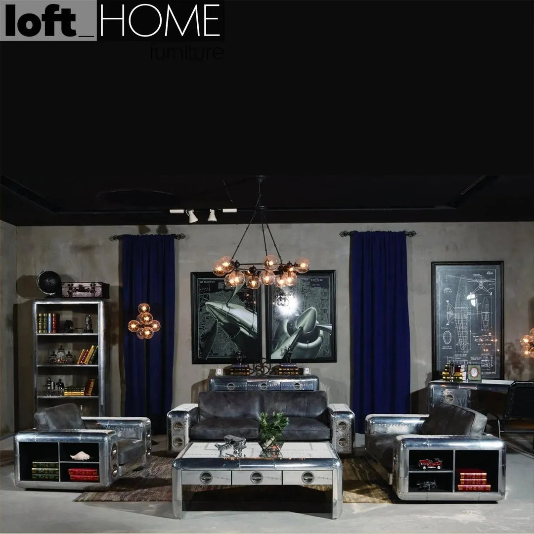 Industrial genuine leather 2 seater sofa silver aircraft conceptual design.