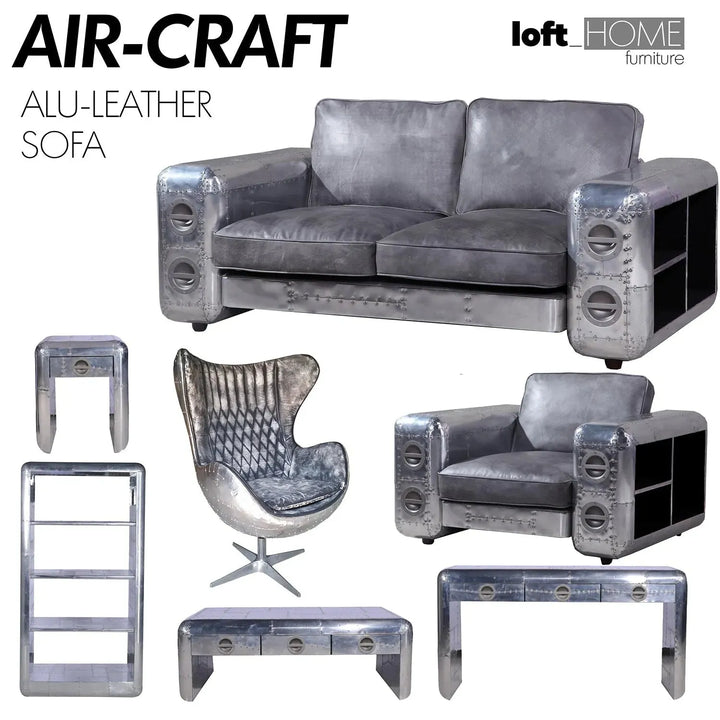 Industrial genuine leather 2 seater sofa silver aircraft with context.
