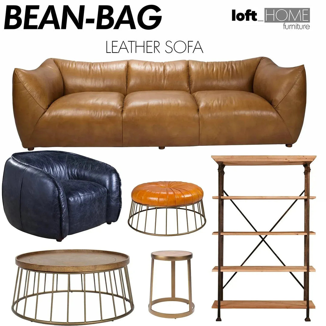 Vintage genuine leather 3 seater sofa beanbag in real life style.