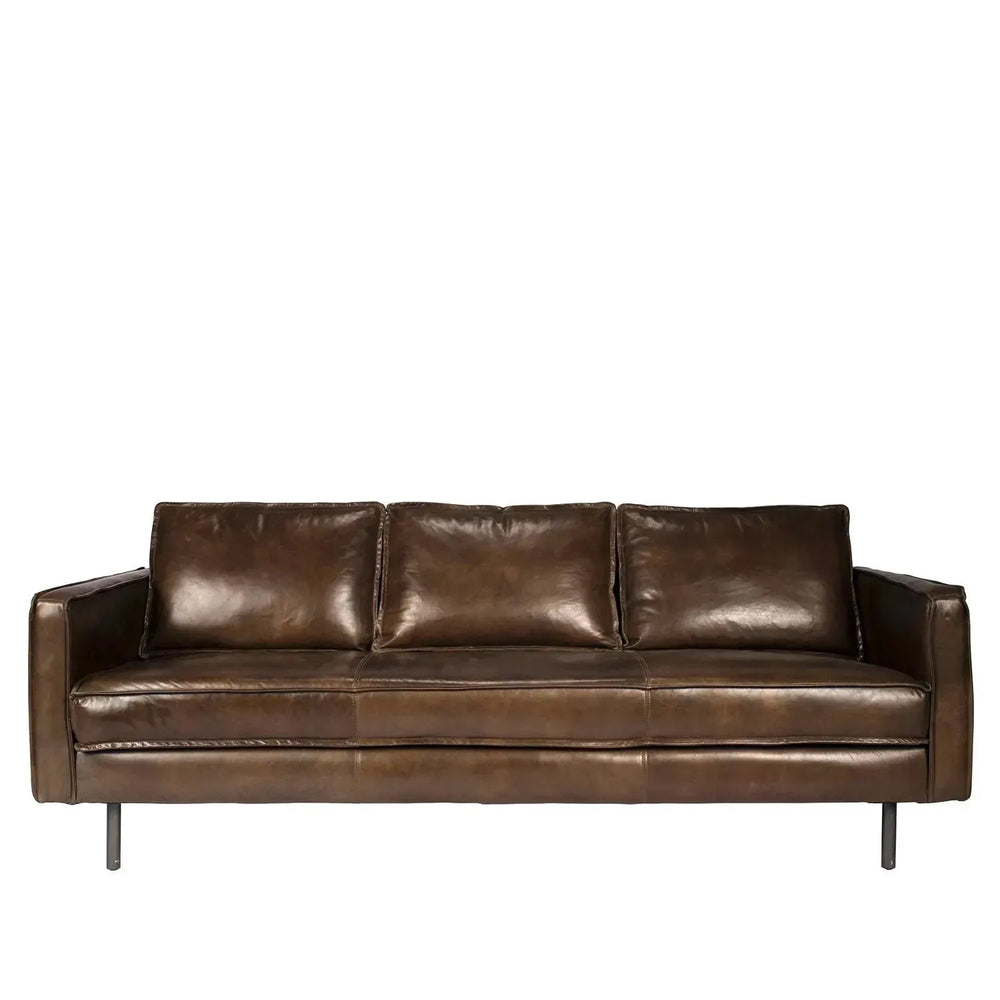 Vintage genuine leather 3 seater sofa belgian in white background.