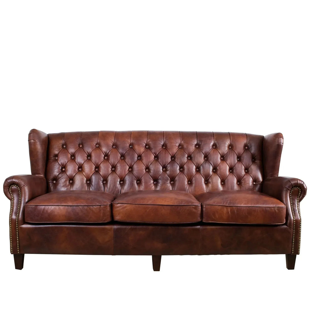 Vintage genuine leather 3 seater sofa franco in white background.