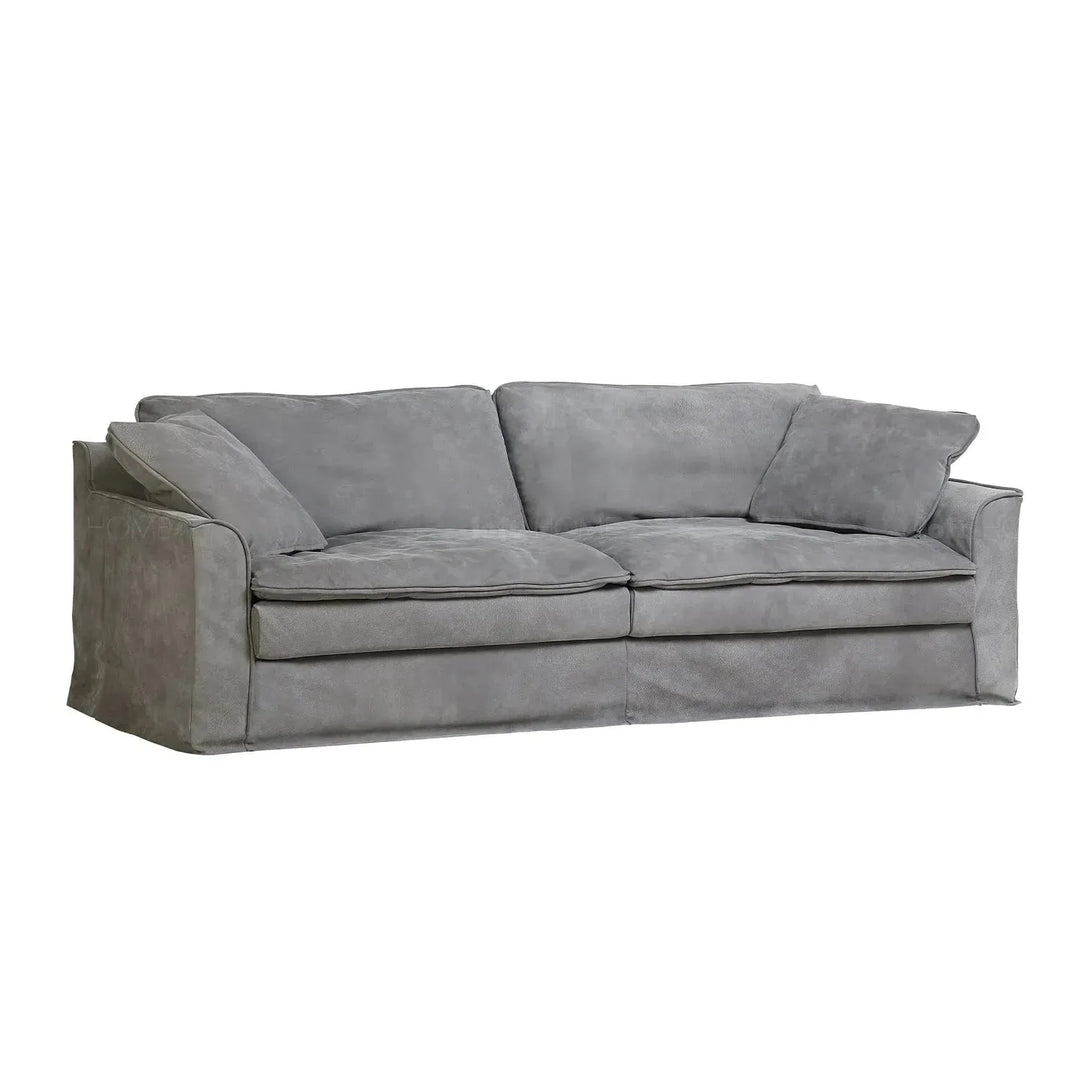 Vintage genuine leather 3 seater sofa marcell in panoramic view.