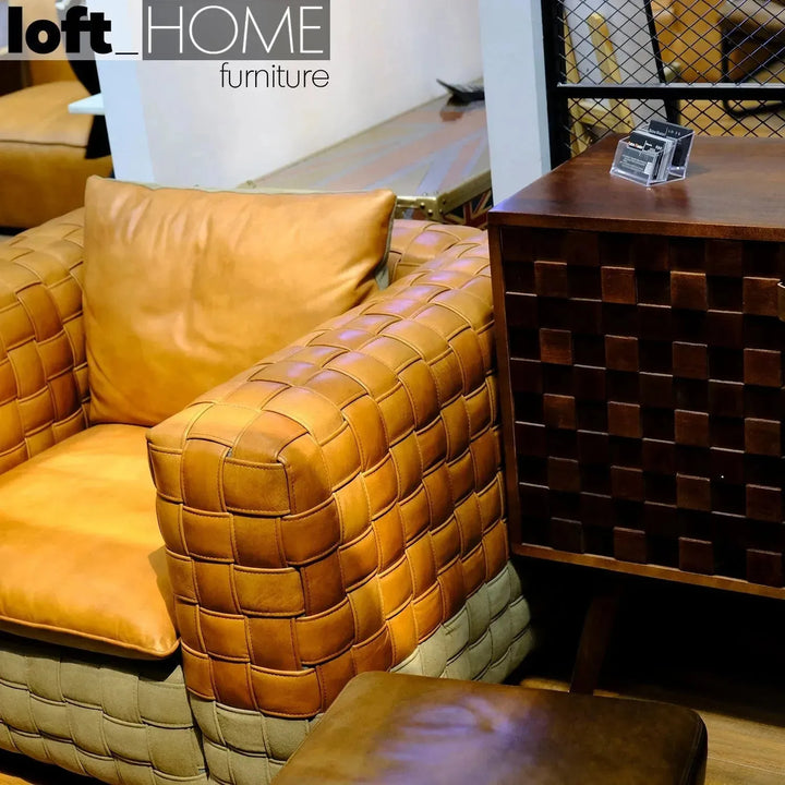 Vintage genuine leather 3 seater sofa martin in close up details.