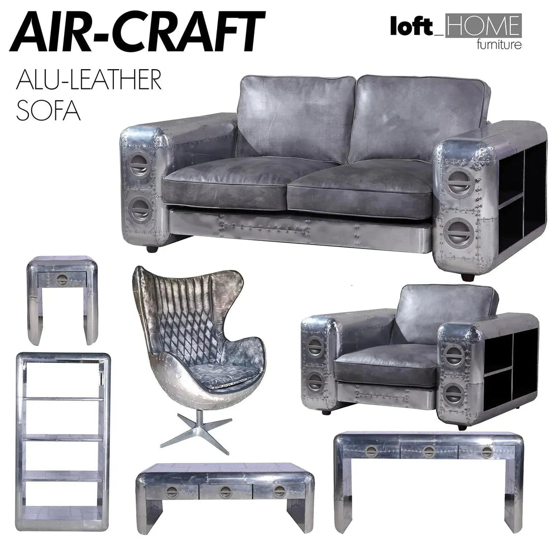 Industrial genuine leather 3 seater sofa silver aircraft with context.