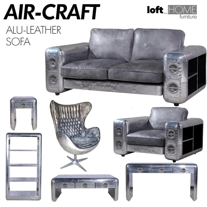 Industrial genuine leather 3 seater sofa silver aircraft with context.