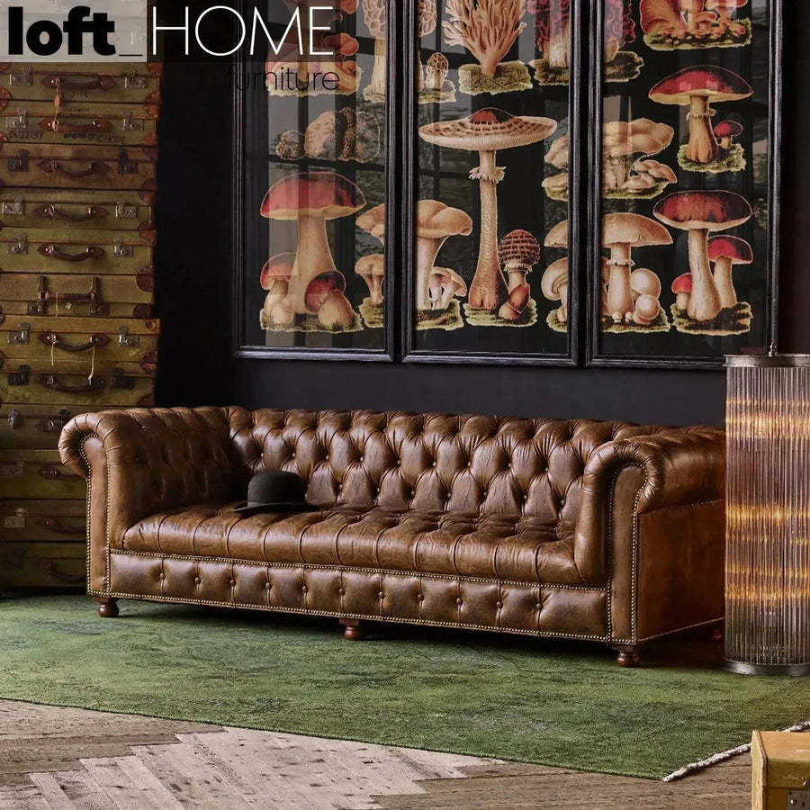 Vintage genuine leather 4 seater sofa chesterfield button primary product view.