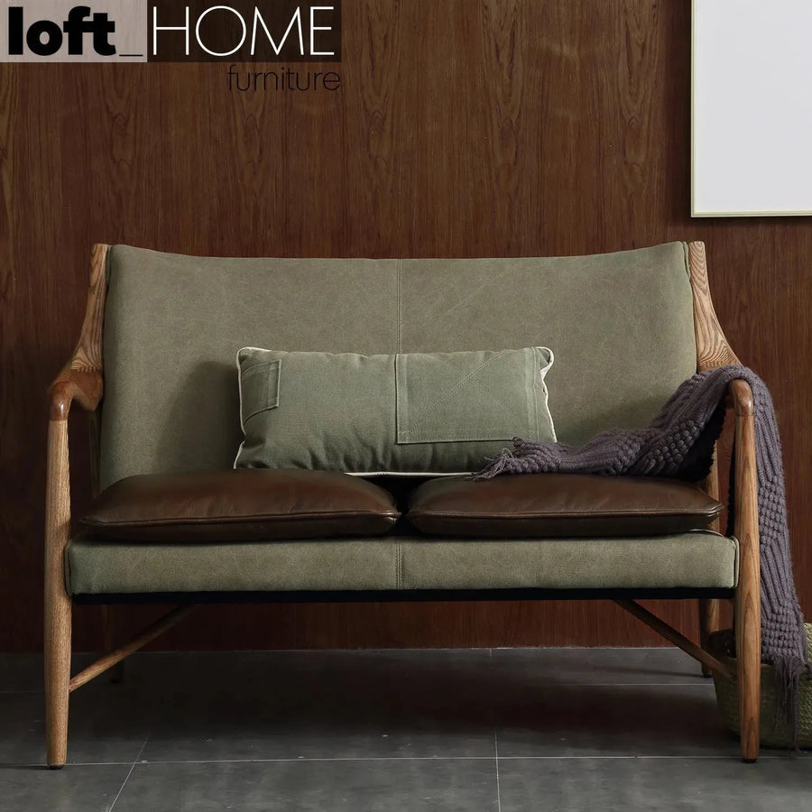 Vintage genuine leather and canvas 2 seater sofa double cowboy primary product view.