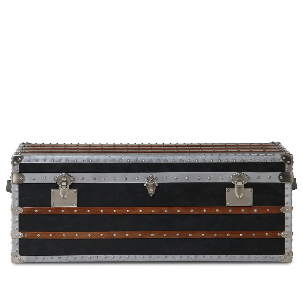 Industrial genuine leather coffee table frontier in white background.