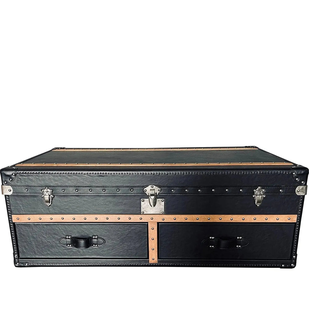 Vintage genuine leather coffee table ox trunk in white background.